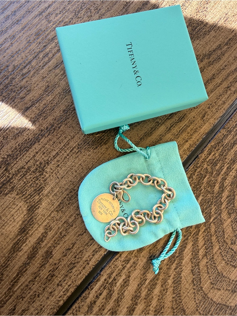 Tiffany & Co. Silver Round Tag Link Bracelet with Tiffany Blue Pouch